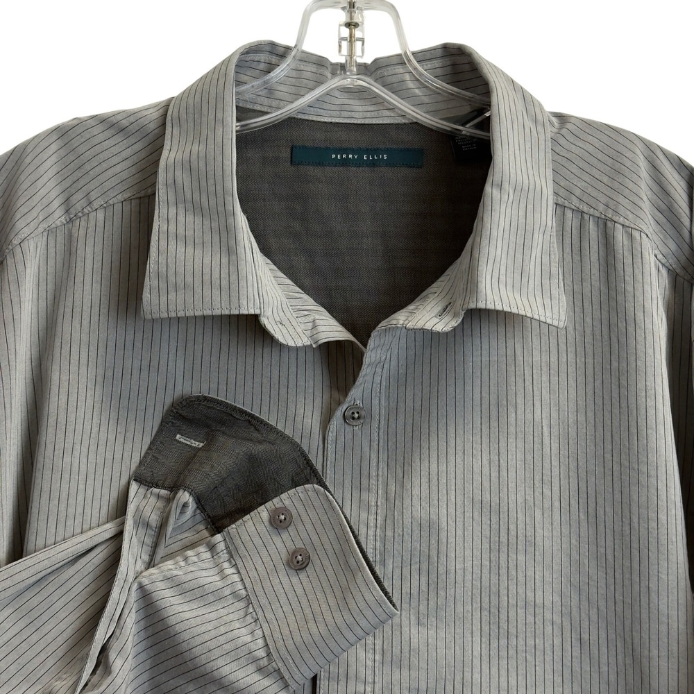 Perry Ellis Mens 2XLT Gray Black Pinstripe Cotton Long Sleeve Button Down Shirt